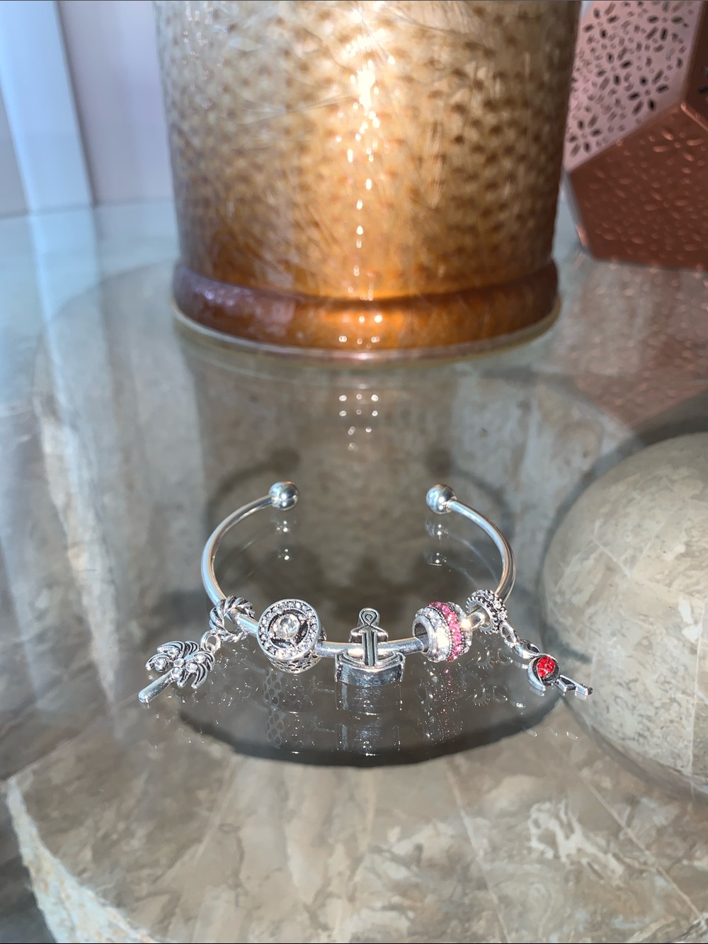 Silver-tone Charm Bracelet with Pink and Clear Accents